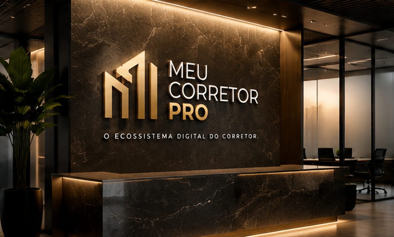 Recepção corporativa com o logotipo dourado do Meu Corretor Pro em parede de mármore escuro